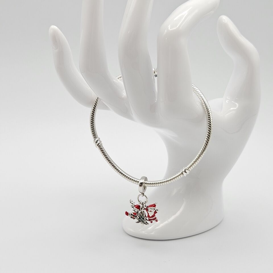 Santa Reindeer & Christmas Tree Silver S925 Dangle Charm - bellissi