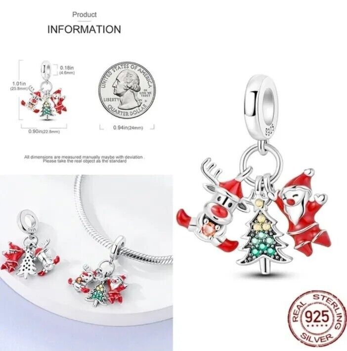 Santa Reindeer & Christmas Tree Silver S925 Dangle Charm - bellissi