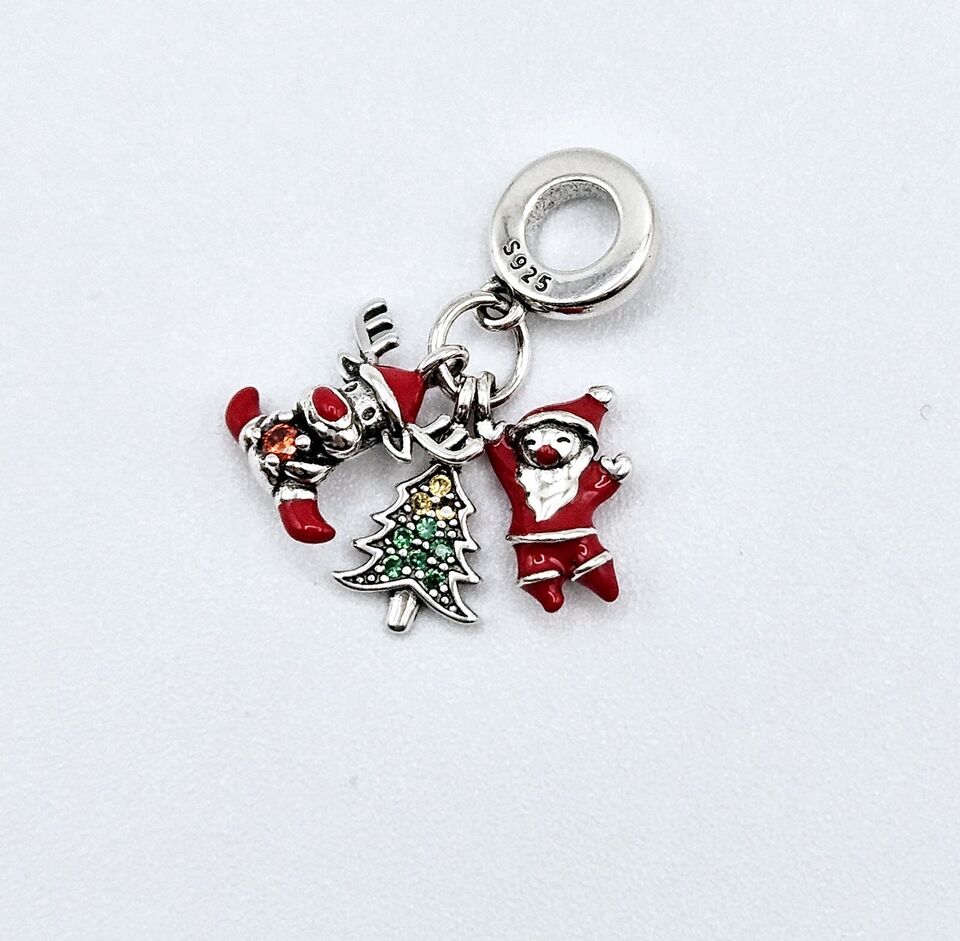 Santa Reindeer & Christmas Tree Silver S925 Dangle Charm - bellissi