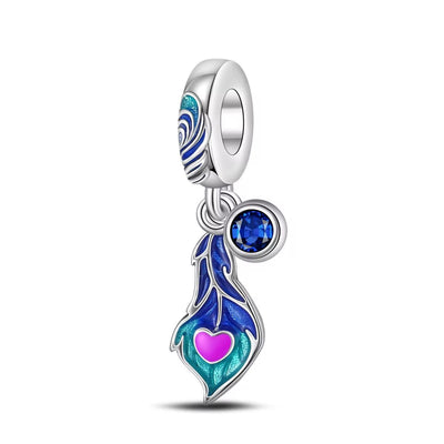 Silver Blue Feather Charm with Crystal Heart - bellissi
