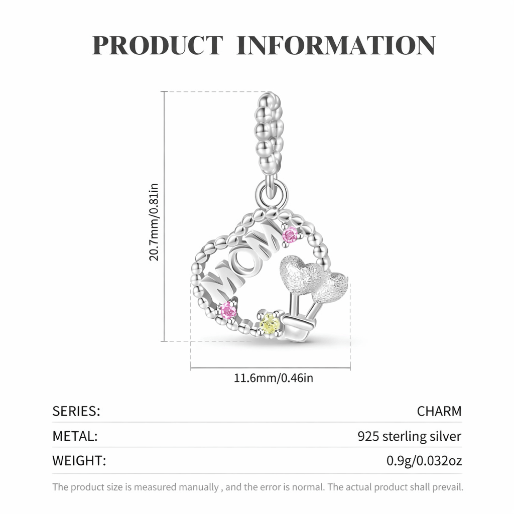 Silver MOM Heart Dangle Charm - bellissi
