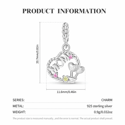Silver MOM Heart Dangle Charm - bellissi