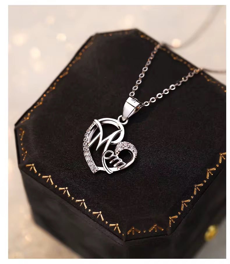 Silver Mom Heart Necklace with Sparkling Crystal - bellissi