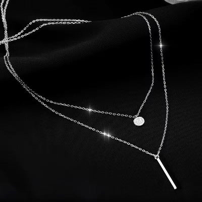Silver One Word & Zircon Round Double Chain Necklace - bellissi