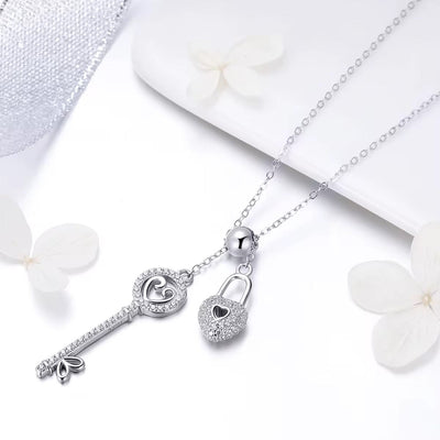 Silver Padlock & Key Necklace Cubic Zircon AAA - bellissi