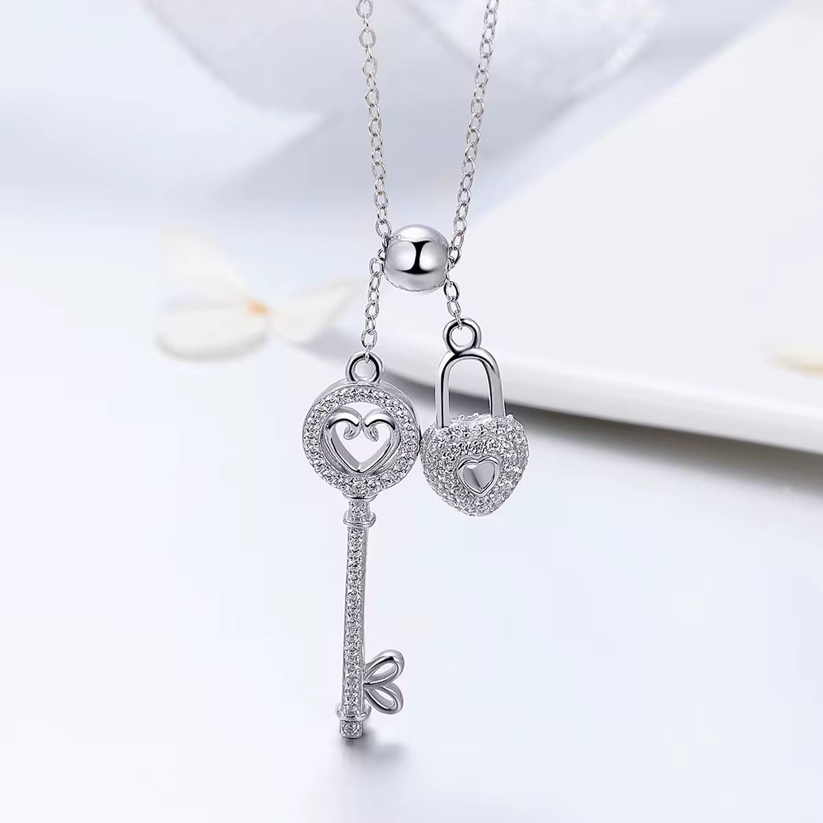 Silver Padlock & Key Necklace Cubic Zircon AAA - bellissi
