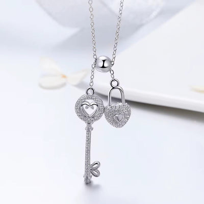 Silver Padlock & Key Necklace Cubic Zircon AAA - bellissi
