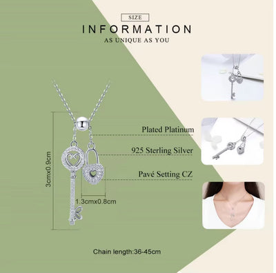 Silver Padlock & Key Necklace Cubic Zircon AAA - bellissi