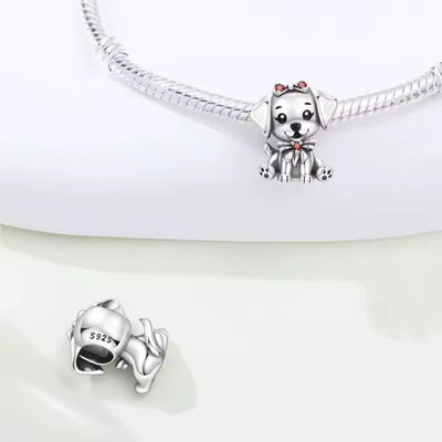 Silver Puppy Charm with Red Bow - bellissi