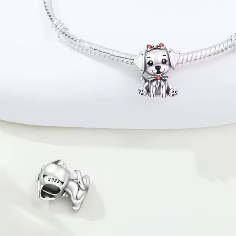 Silver Puppy Charm with Red Bow - bellissi
