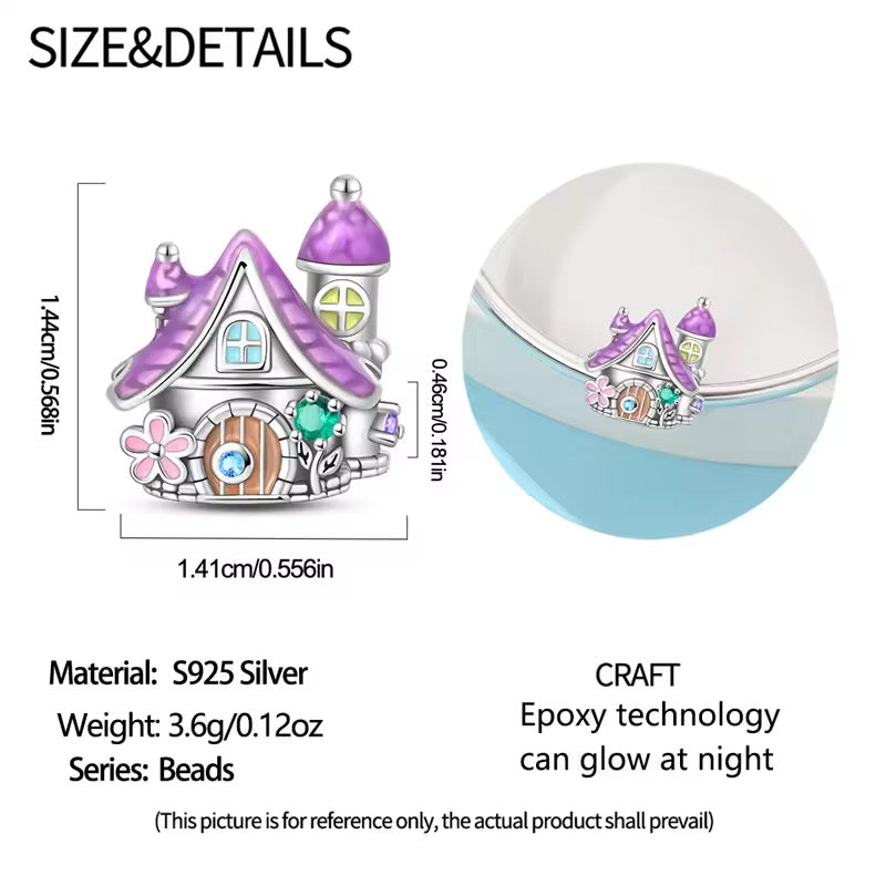 A product detail graphic for a small house-shaped bead charm. The left side shows the charm with dimension lines and text reading 1.