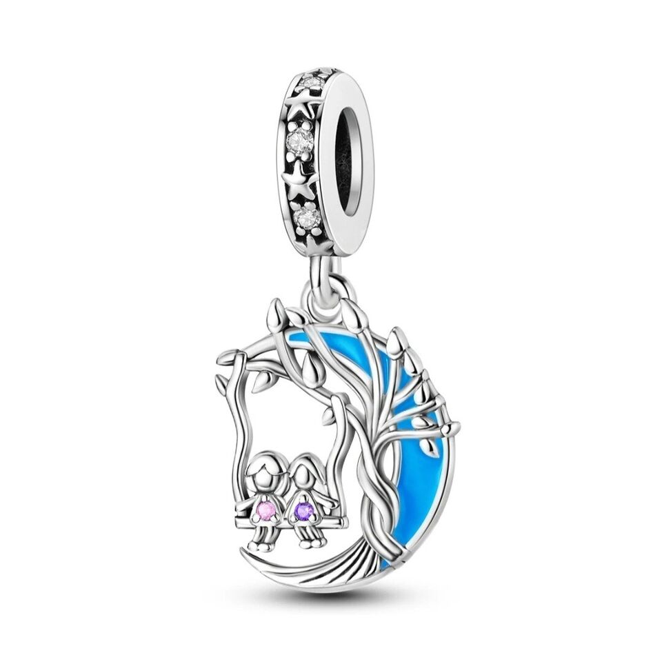 Sisters Friends On A Swing Luminous Moon Charm - bellissi