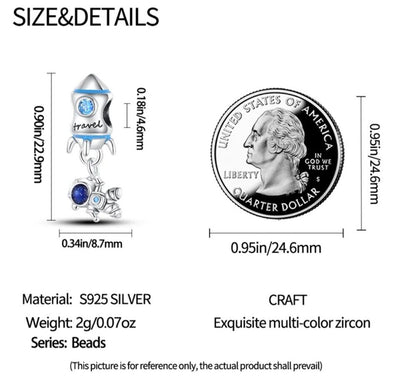 Spaceship Rocket Astronaut Blue Zircon Dangle Charm - bellissi