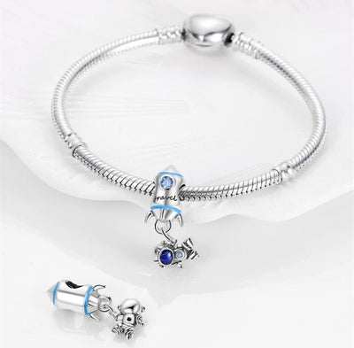 Spaceship Rocket Astronaut Blue Zircon Dangle Charm - bellissi