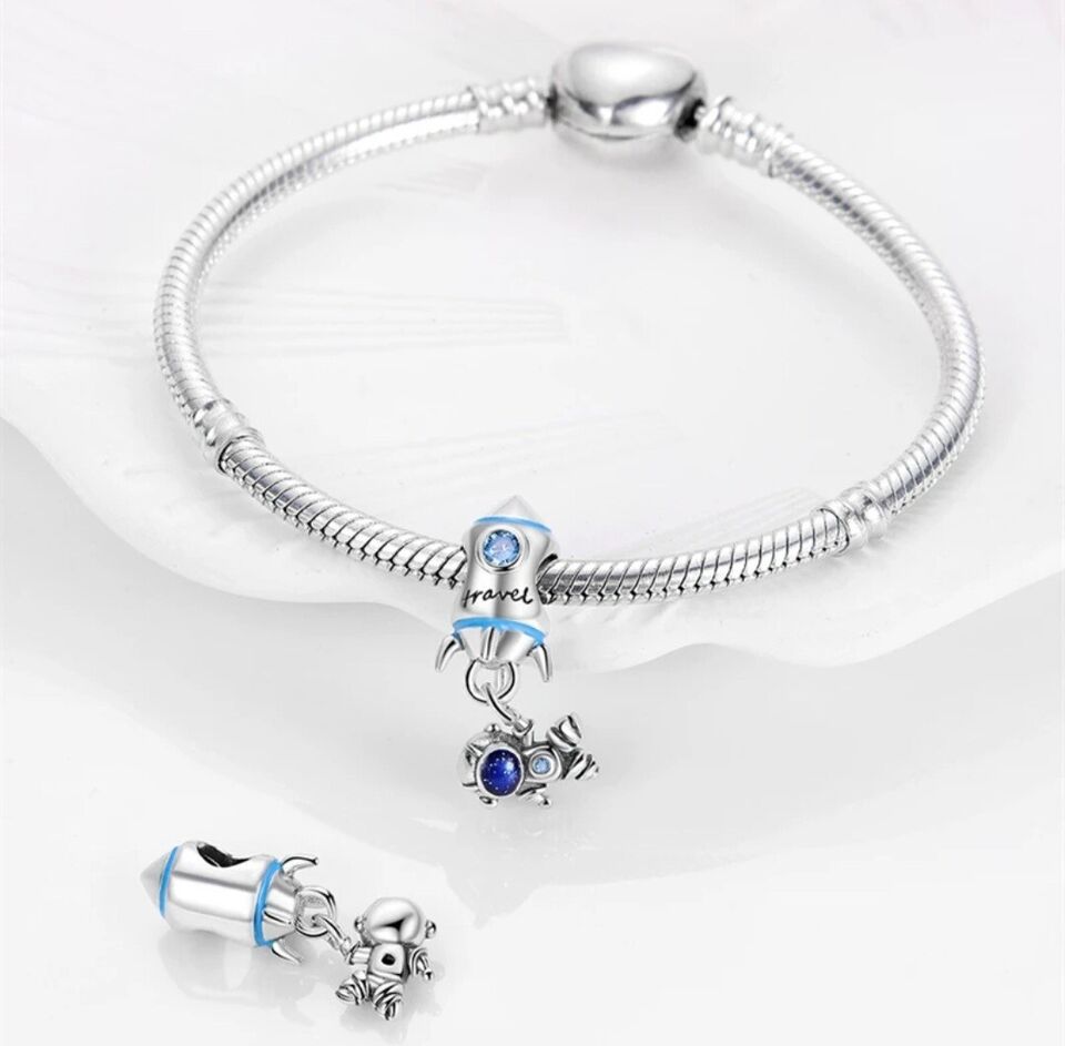 Spaceship Rocket Astronaut Blue Zircon Dangle Charm - bellissi