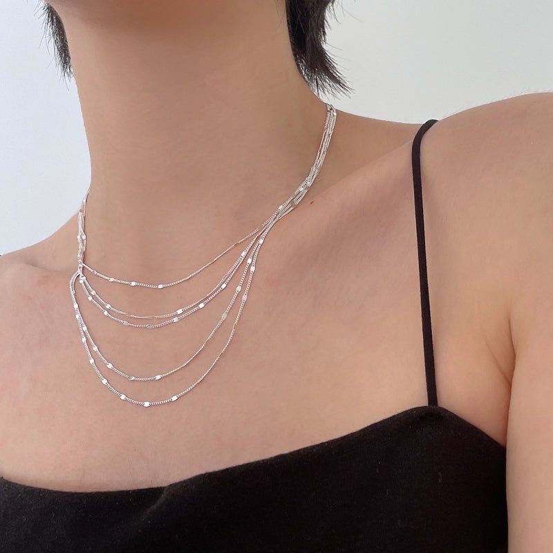 Sparkling Multi Row Chain Necklace - Sterling Silver - bellissi