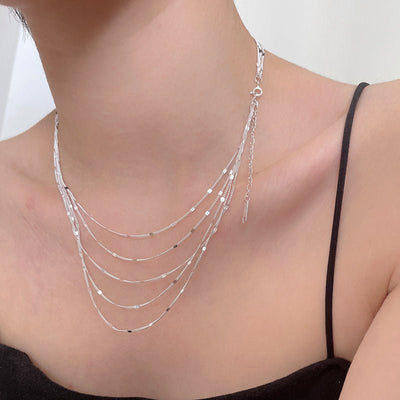 Sparkling Multi Row Chain Necklace - Sterling Silver - bellissi