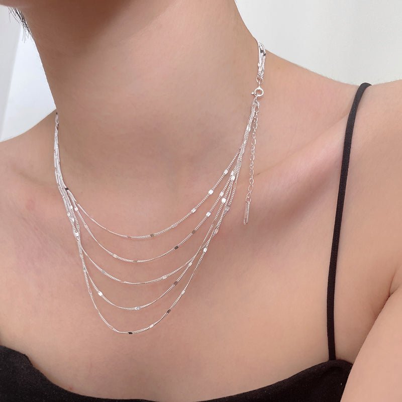 Sparkling Multi Row Chain Necklace - Sterling Silver - bellissi