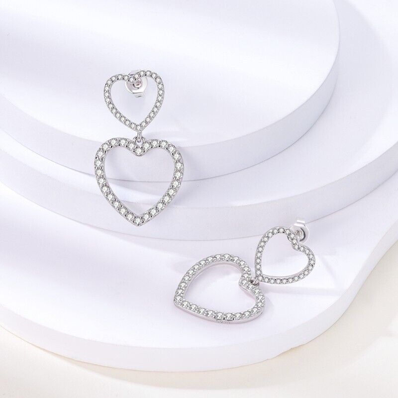 Sparkling Zirconia Two Dangle Hearts Stud Earrings - bellissi