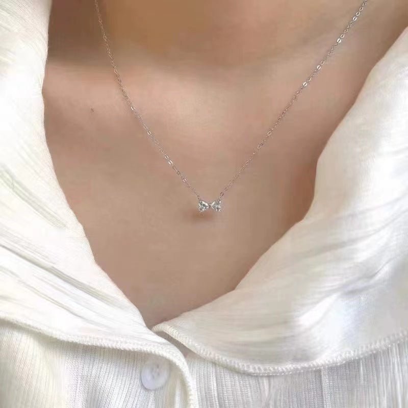 Sterling Silver Diamond Bow Necklace - bellissi