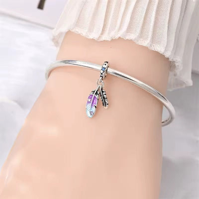 Sterling Silver Feather Dangle Charm with Iridescent Enamel - bellissi
