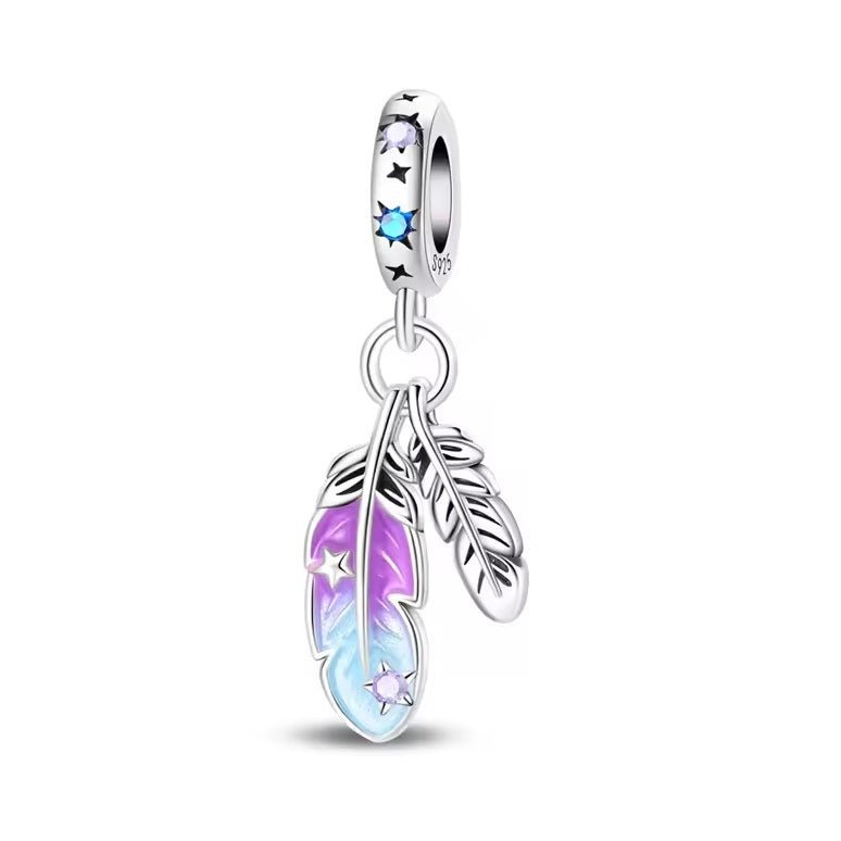 Sterling Silver Feather Dangle Charm with Iridescent Enamel - bellissi