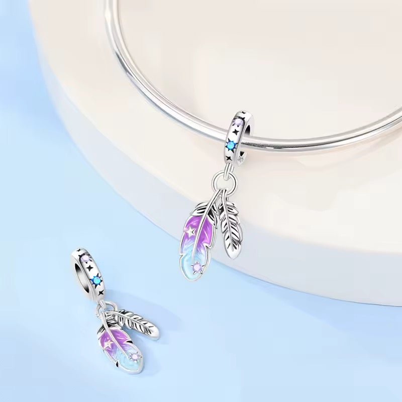 Sterling Silver Feather Dangle Charm with Iridescent Enamel - bellissi