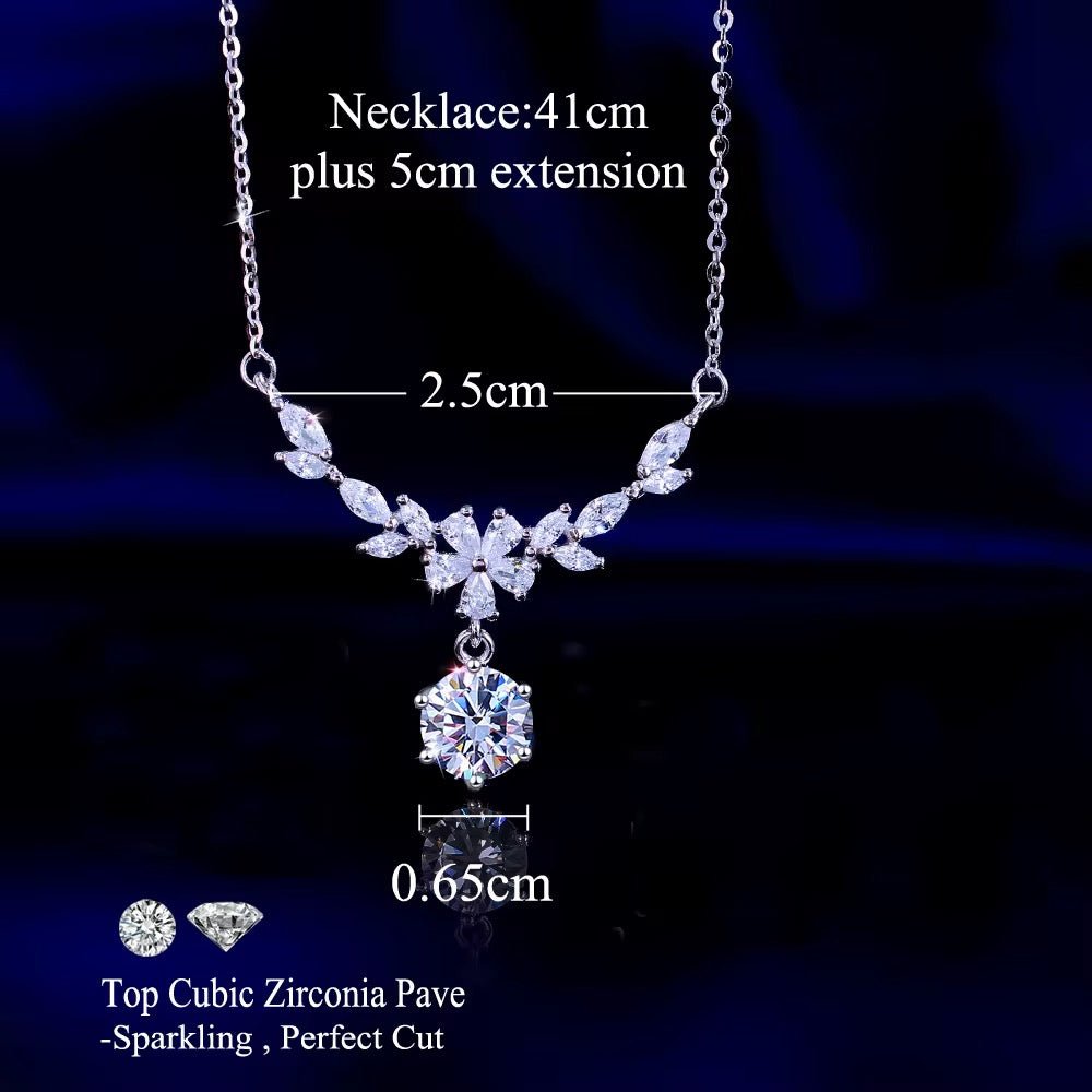 Sterling Silver Leaf Shape Necklace with White Cubic Zirconia - bellissi