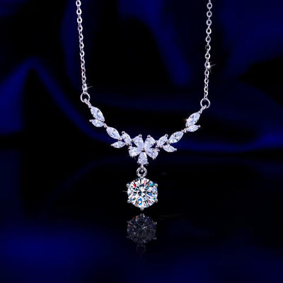 Sterling Silver Leaf Shape Necklace with White Cubic Zirconia - bellissi