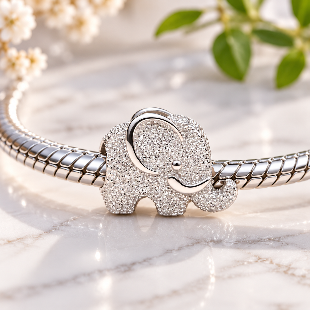925 sterling silver lucky elephant bead charm with raised trunk textured sparkling finish and polished silver details