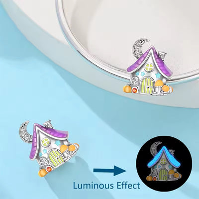 925 sterling silver moonlight fairy cottage charm with sparkling crescent moon purple glow in the dark roof stars and mushrooms
