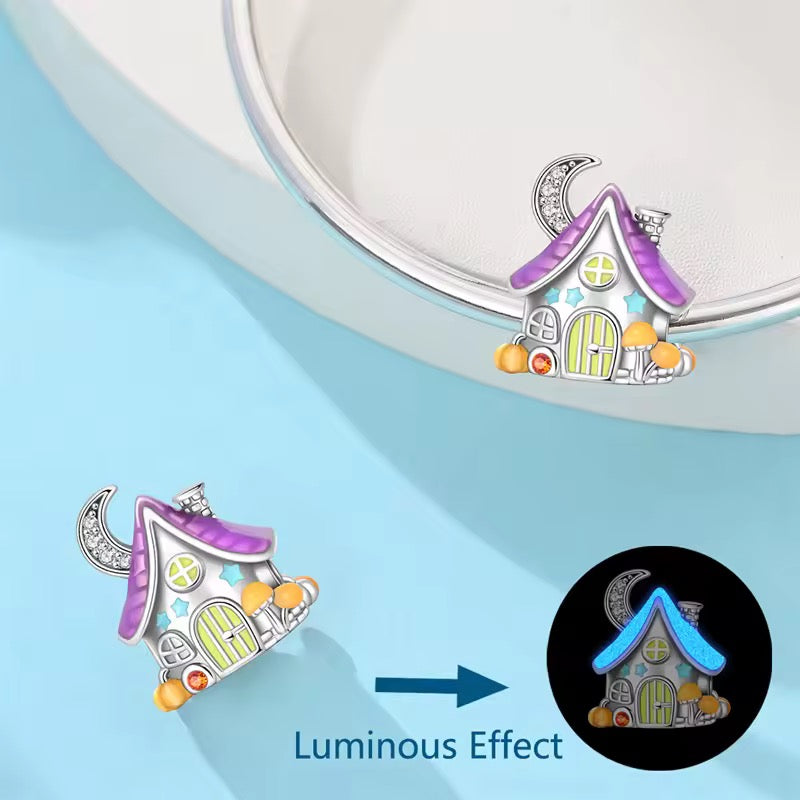 925 sterling silver moonlight fairy cottage charm with sparkling crescent moon purple glow in the dark roof stars and mushrooms