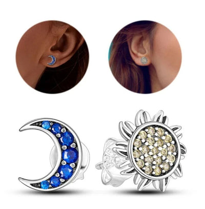 Stud Earrings Blue Zirconia Moon & Yellow Sun - bellissi