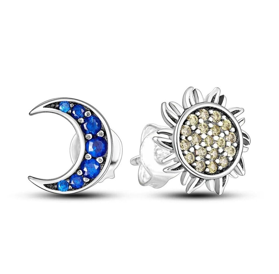 Stud Earrings Blue Zirconia Moon & Yellow Sun - bellissi