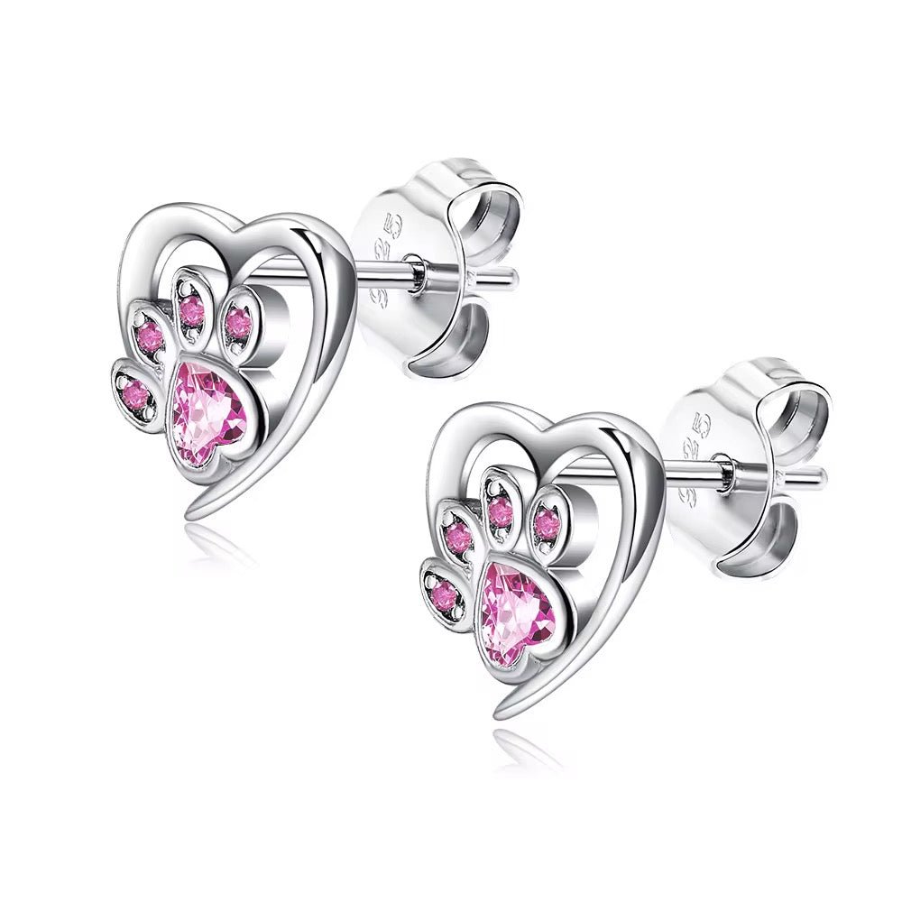 Stud Earrings Paw With Heart Pink Zirconia - bellissi