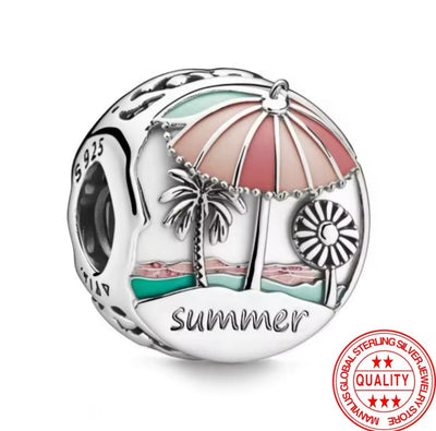 Summer palm tree charm with green enamel leaves and silver trunk