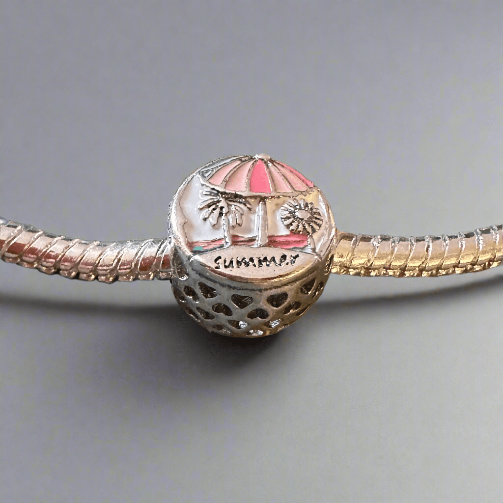 Summer palm tree charm with green enamel leaves and silver trunk