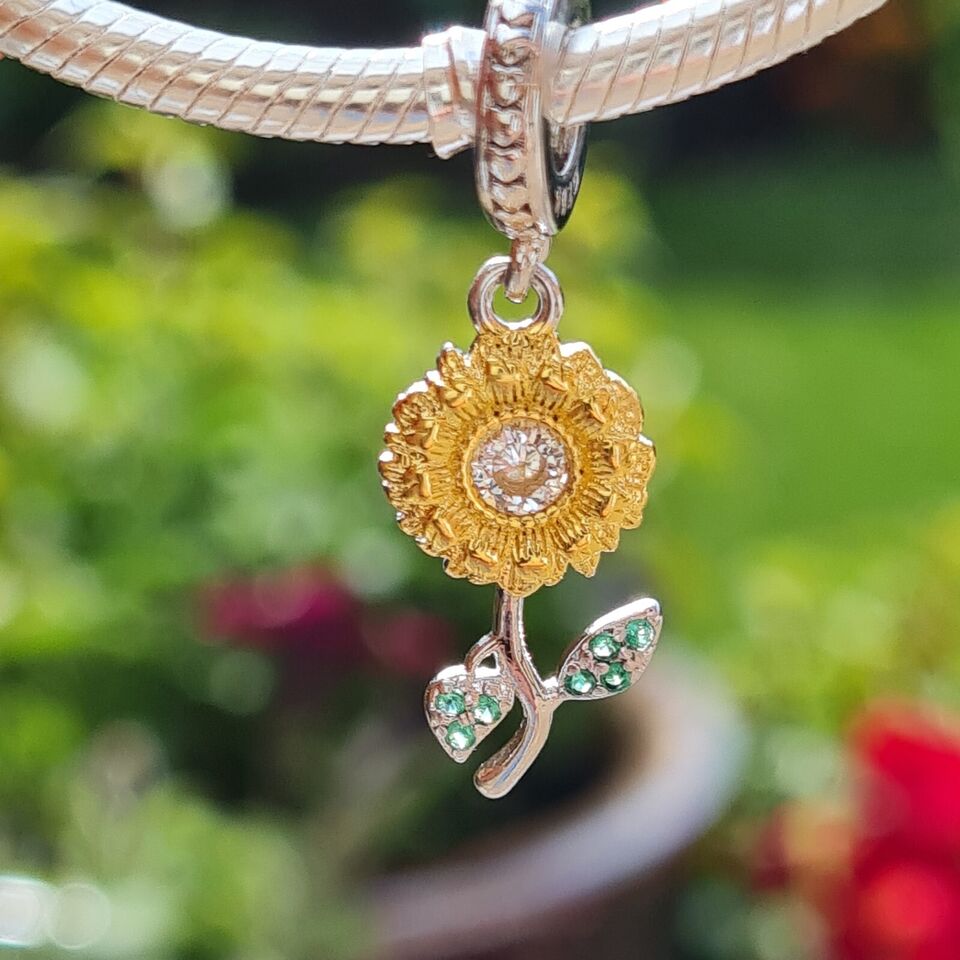 Sterling silver sunflower charm with sparkling cubic zirconia stones 925 bead