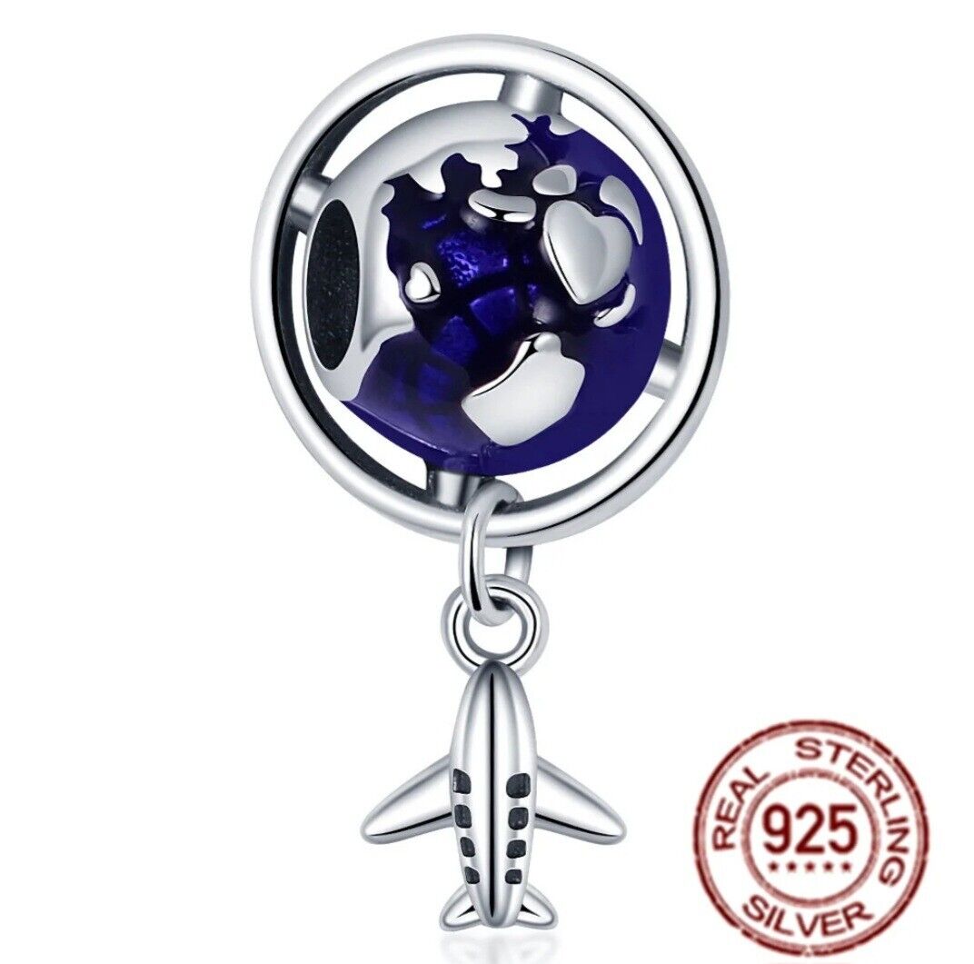 Travel Airplane Blue Globe Earth Dangle Charm - bellissi