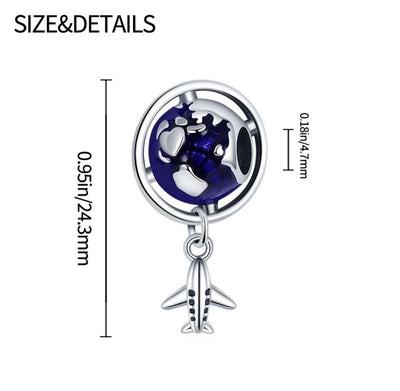 Travel Airplane Blue Globe Earth Dangle Charm - bellissi