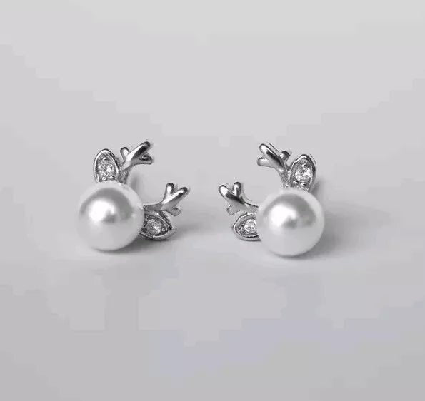 Zirconia & Pearl Reindeer Stud Earrings - bellissi